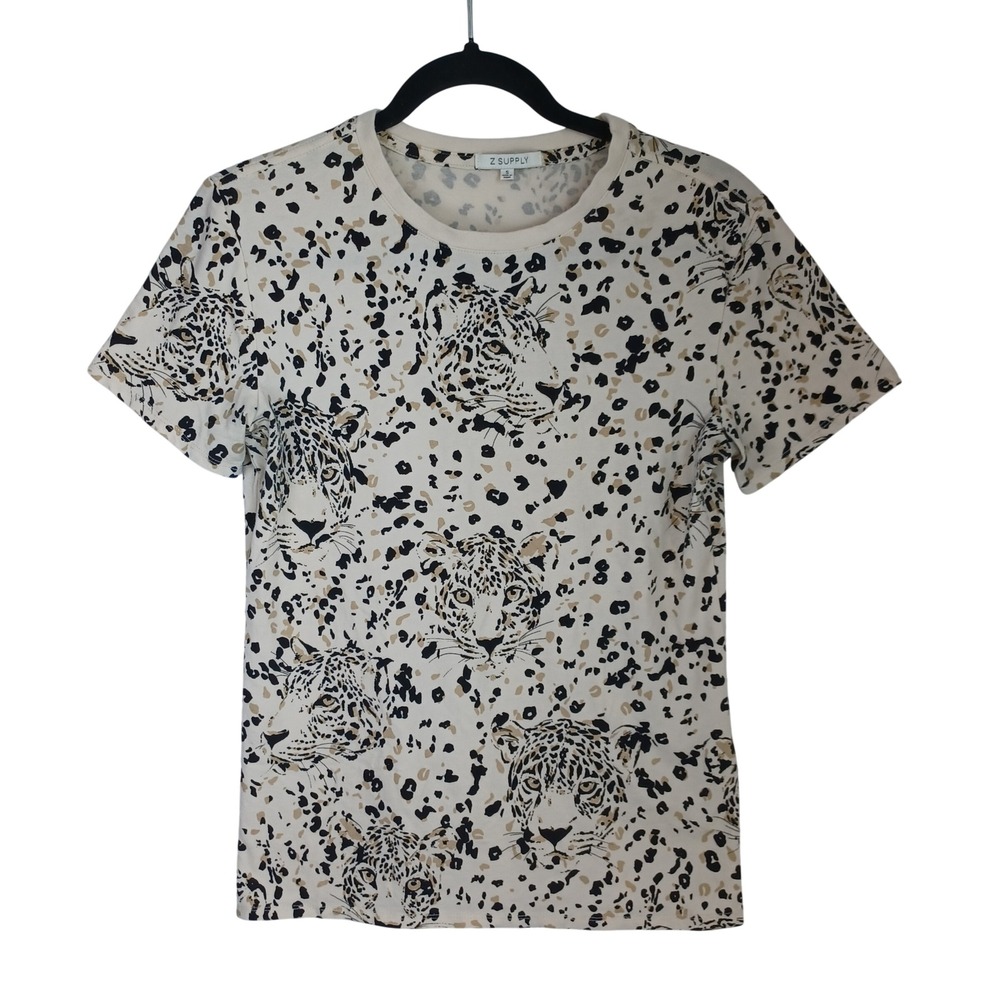 Z Supply Womens Leopard Cheetah Face Print Crew Neck T-Shirt Cream ZT212684 S